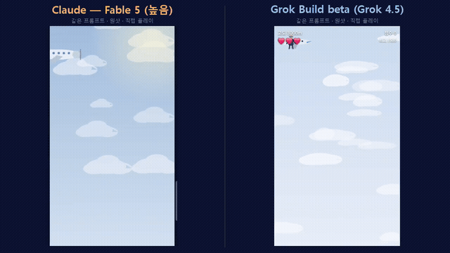 인트로 비교 — 왼쪽 Fable 5, 오른쪽 Grok
