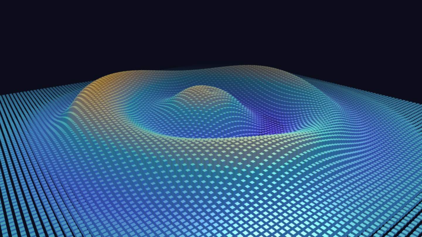 three.js r185로 그린 파동 필드 — 막대 12,100개가 물결 모양으로 솟아오르고, 높이에 따라 파랑·청록·노랑으로 색이 바뀌어요